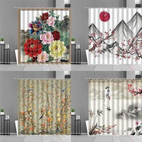 Chinese Style Shower Curtain Retro Flowers Bird Fish Plants Ink Painting Scenery Bath Curtains Home Bathroom Decor Cloth Screen