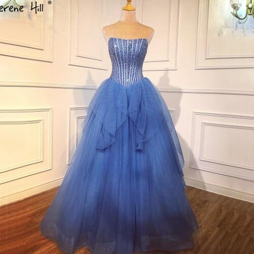 Serene Hill Blue Luxury Evening Dresses Gonws Elegant 2021 Beading Sexy Sleeveless Lace Up For Women Party BHA2444