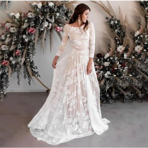 Wedding Dress A-Line O-Neck Full Sleeve Lace Appliques Backless Tulle Floor Length Sweep Train Gorgeous Bride Gowns 2021