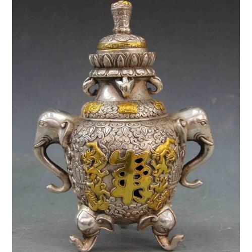 Tibet White Copper Silver lotus flower Fu Shou Beast Censer incense burner