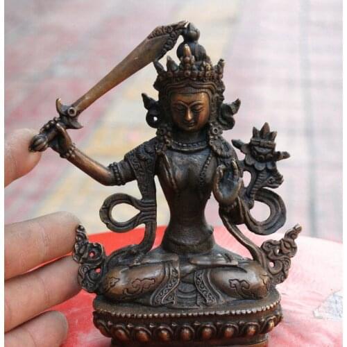 Tibet Buddhism Bronze WenShu Monju Manjushri Kwan-yin Bodhisattva Buddha Statue