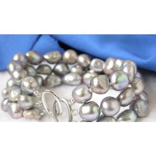 Unique 3strands 9-11mm gray baroque pearls bracelet bangle 7.5 ASA >>free shipping