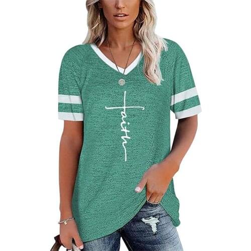 Patchwork Letter Faith Print T-shirt Women Summer Loose Casual Short Sleeve V-neck Tee Shirt Ladies Fashion Streetwear Tees