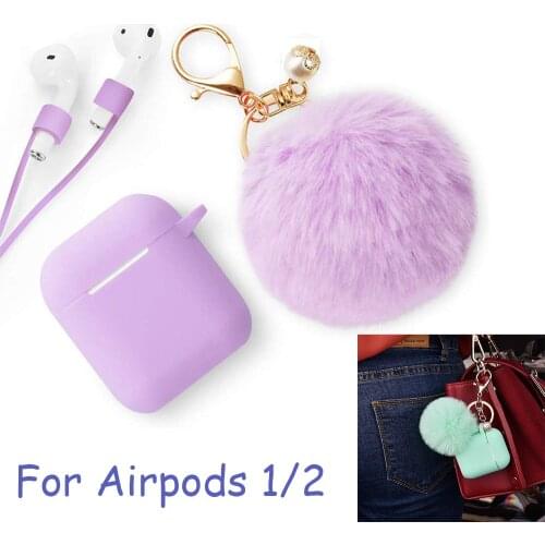 Protective Case multi colors with lost-proof and Keychain hooks lovely hair ball Silicone Bluetooth Earphone For airpods 1 2