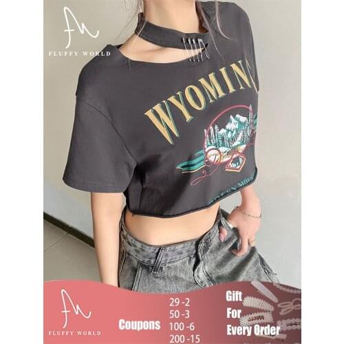 Summer Fashion Short Shirt Punk Metal Pin Tshirts Female Harajuku Casual Short Sleeve Graphic Print Cotton Crop Top O-neck Tees
