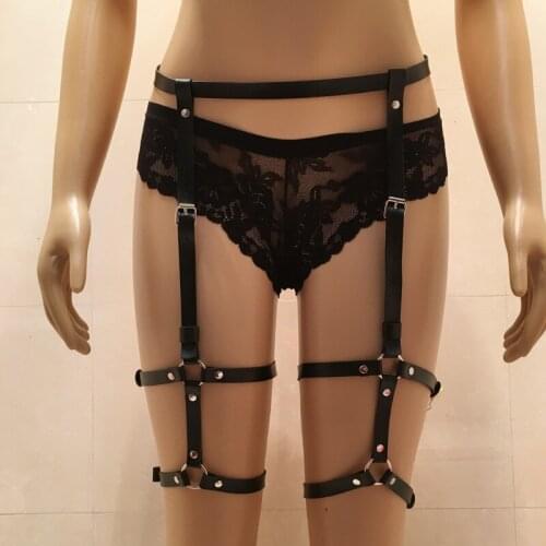 Sexy harajuku lingerie Two Rows Garter belt for Women Black Faux Leather Punk O-ring Leg harness Adjustable Female Suspenders