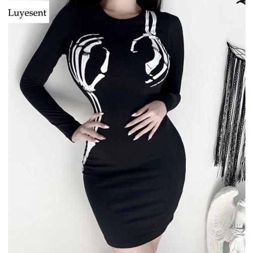 Black Punk Woman Mini Tight Dress 2020 Lady Goth Skull Skeleton Print Empire Cool Chic Full Sleeve Gothic Basic Skinny Dresses