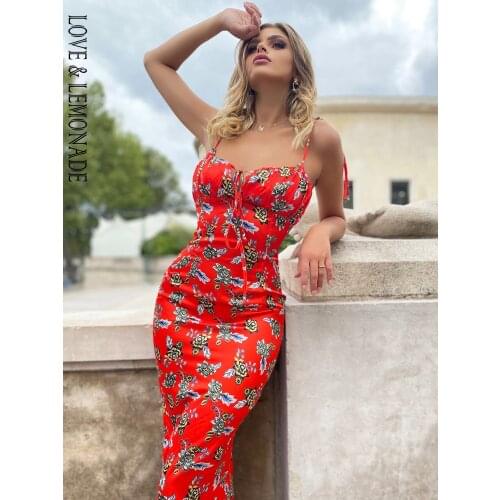 LOVE&LEMONADE Sexy Tube Top Lace Red Flower Print Fishtail Maxi Dress LM83136