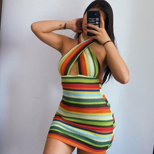 Women Colorful Striped Dress Sexy Rainbow Halter Cross Backless Strap Dress Slim Splicing Bodycon Holiday Club Mini Dress Summer