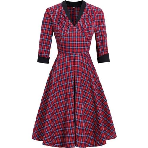 2021 England Style Vintage Robe Ruched V-Neck Tartan Elegant Party Midi Dress Women Plaid High Waist Pin Up Retro Dresses