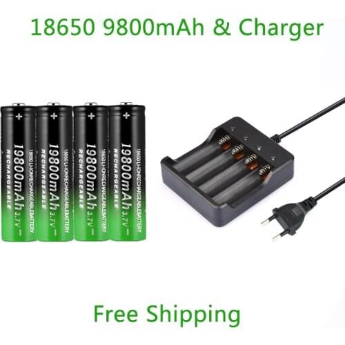 18650 battery 3.7V 9800mAh rechargeable lithium cell with charger for flashlight battery lithium battery+1 Charger