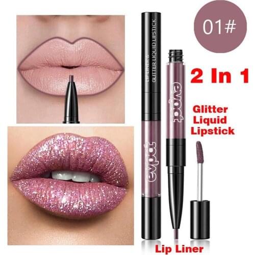 2 In 1 Double-headed Lip Gloss Lip Liner Pencil Diamond Glitter Lipstick Long-lasting Non-stick Cup Lip Makeup Tools Cosmetics