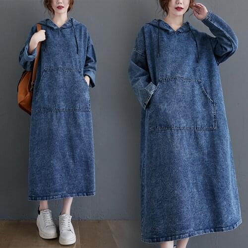 2021 Plus size women spring autumn new art Mid-length dress retro loose denim hooded long sleeve casual fashion denim dress s611