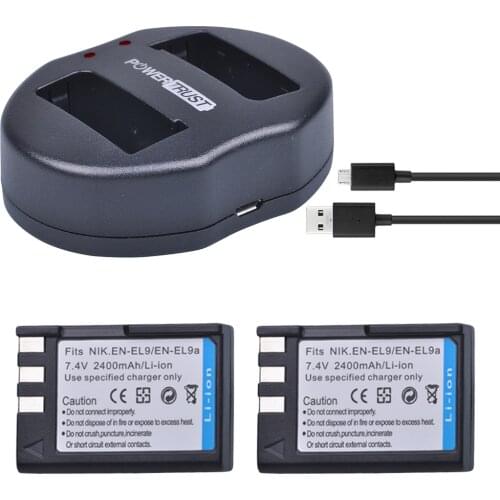 PowerTrust 2Pcs 2400mAh EN-EL9 EN-EL9a EN EL9 EN EL9a battery +Dual USB Charger for Nikon ENEL9 D40 D60 D40X D5000 D3000