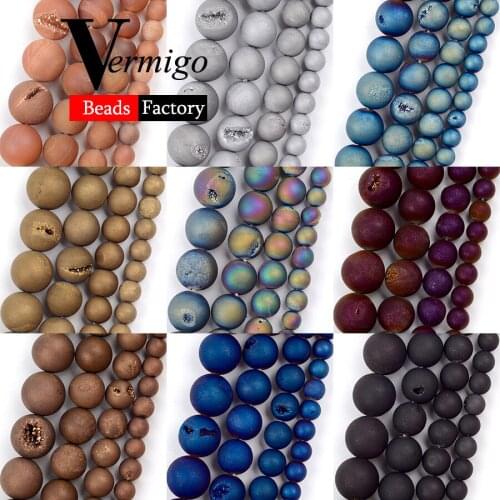 6mm-12mm Assorted Metallic Coated Drusy Agates Stone Beads Round Beads for Jewelry Making Diy Bracelet Necklace Accessories 15"