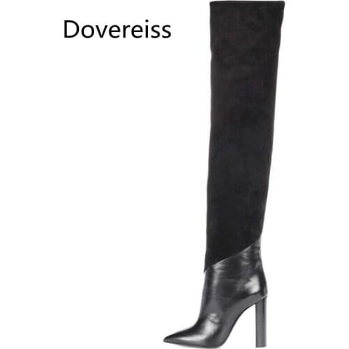 Dovereiss Fashion Womens Shoes Winter Concise New Sexy Pointed toe Clear Heels Boots Block heels Knee high Boots 35-45