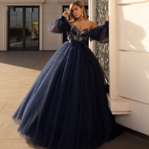 Elegant Navy Blue Crystal Tulle Ball Gowns Women Dresses To Wedding Prom Off The Shoulder Event Gowns Full Sleeves Plus Size