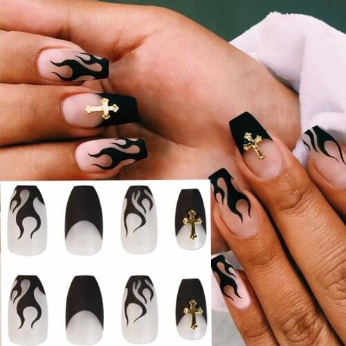 Foil Fake Nails with Glue Rhinestones Long Detachable French Stick on Nails Coffin Flame Press on Nails Art DIY Manicure Tool