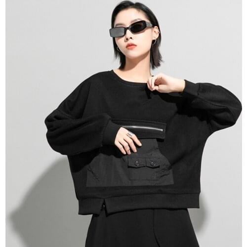 Large design fashion brand leisure long sleeve T-shirt womens autumn personalized stitching zipper decorative pocket loose roun