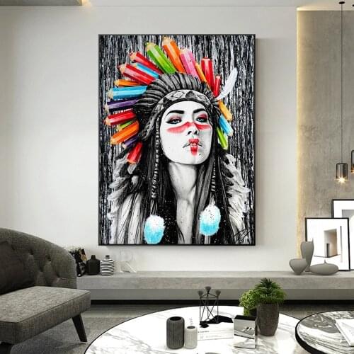 Indian Woman Creativity Color Canvas Painting Pretty Girl Posters and Print Abstract Wall Art Picture for Living Room Home Decor