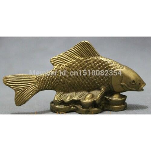 Chinese Pure Brass Folk Carved JiXiang Wealth Fish On YuanBao Coin Statue Animal