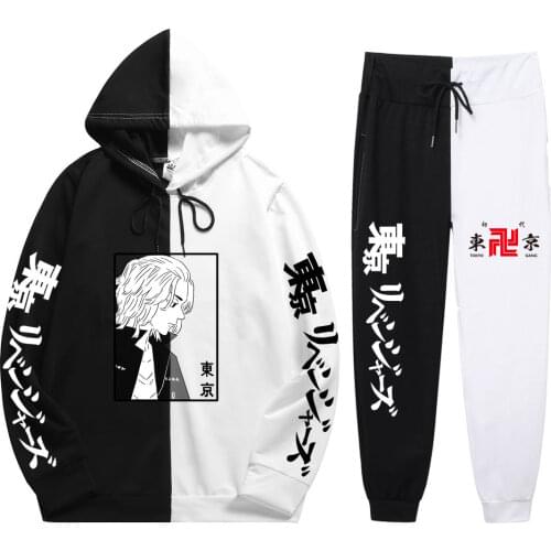 Summer Man 2 Pieces Sets Japan Anime Tokyo Revengers Print hoodies sets Loose Simplicity Patchwork Thin Hoodie+Patchwork Pants