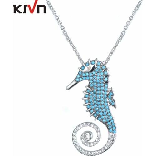 KIVN Fashion Jewelry Cute Sea Steed Horse Blue CZ Cubic Zirconia Pendant Necklaces for Women Birthday Christmas Gifts