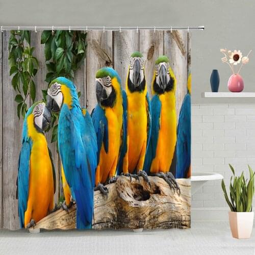 Animals Parrot Shower Curtain Set Retro Wooden Board Color Couple Birds Bathroom Bathtub Decoration Screen Washable With Hooks