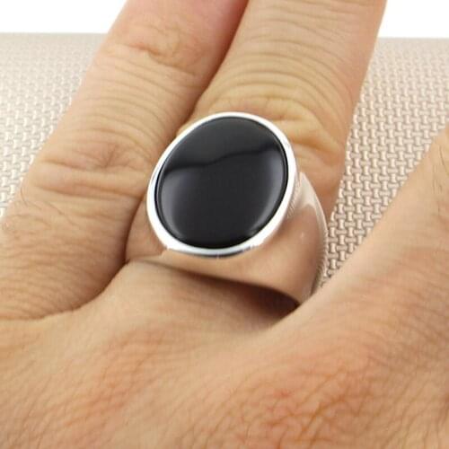 Plain 925 Carat Sterling Silver Ring Original With Black Stone Natural Onyx For Mens Handmade Turkish Jewelry