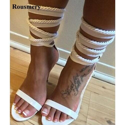 Summer Hot Selling Women Fashion Open Toe Ankle Wrap High Heel Sandals White Leather Strap Cross Gladiator Sandals Dress Shoes