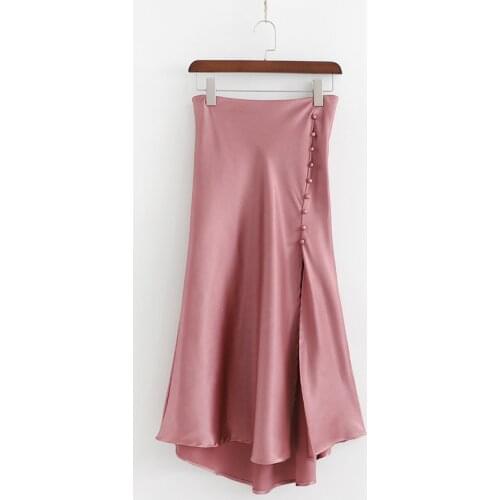 2019 Sexy Split Womens Skirt Solid Button Asymmetry Elegant Party Skirt Silk satin Texture Spring Summer Midi Skirts