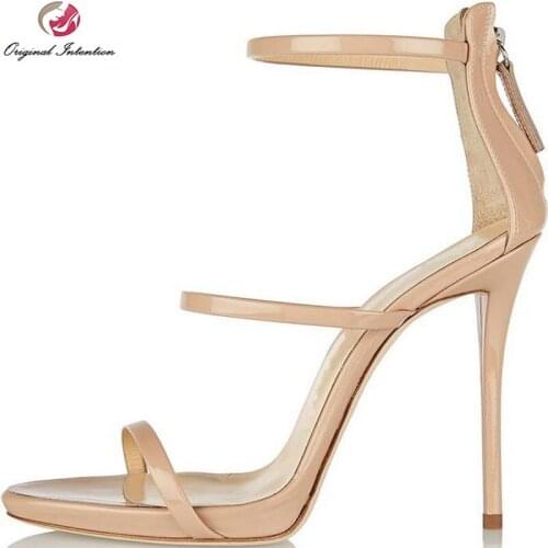 Original Intention Popular Women Sandals Peep Toe Thin Heels Sandals High-quality Nude Shoes Woman Patent Leather Plus Size 4-15