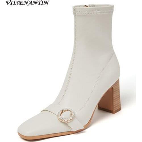Temperament White Short Boots 2021 Autumn and Winter Square Toe Thick Heel High Heel Single Boots Pearl Buckle Elastic Boots