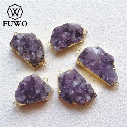 FUWO Natural Irregular Amethysts Cluster Connector With 24K Gold Filled Edge Fashion Double Bails Druzy Pendant Wholesale PD191