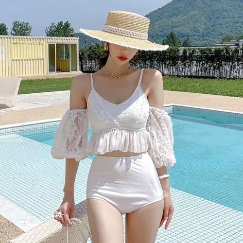 Swimsuit Women 2021 Two Piece Korean Swimwear Rashguard Female For Sports Indoor Japanese Split Suspender Backless Mesh Three