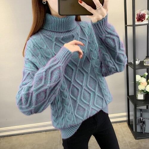 Turtleneck Twist Sweater Womens 2021 New Autumn Winter Korean Loose Pullover Clothes Lazy Wild Thick Warm Knitted Bottoming Top