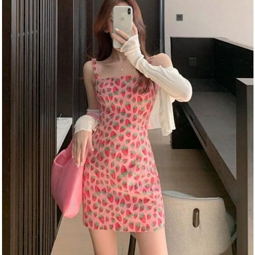 2021 Summer Casual Dress New Sweet Strawberry Print Sling Print Sleeveless Sexy Dress Female Party Mini Dresses For Women Clothe
