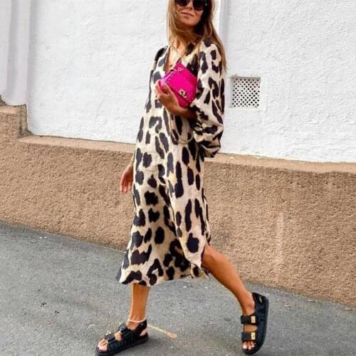 Lantern Sleeve V-neck Top Brand Design Women Dress Sexy Leopard Print Mid-length Elegant Lady Party Dress 2020Autumn New Clothes