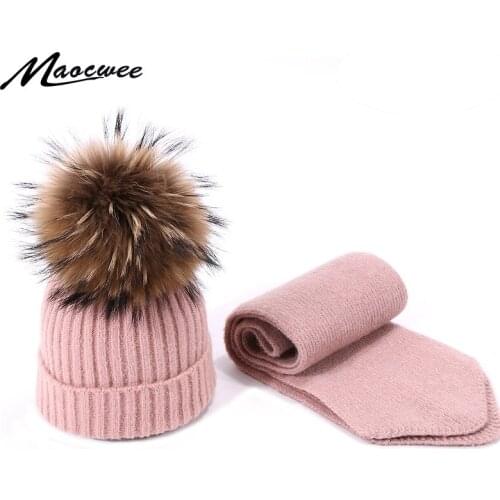 Winter Pom Pom Beanie Hat and Scarf Set For Children Warm Knitted Bobble Hat With Real Raccoon Fur Pompon Outdoor Hat Skullies