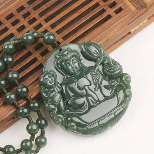 100% real jade hetian guanyin lotus handcarved green jade pendant necklaces pendants brand men jade jewelry