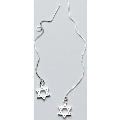 100% Real. 925 Sterling Silver Fine Jewelry Star of David Magen Hebrew Shield Threader Dangle earrings LONG gtle1831