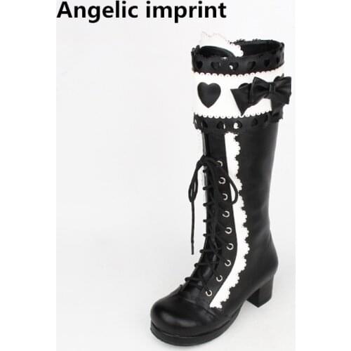 Angelic imprint handmade Women punk motorcycle boots lady lolita Boots woman princess high heels pumps love heart bowtie 33-47