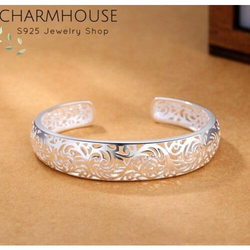 Solid 925 Silver Bangles & Bracelets For Women Exqusite Flower Cuff Bangles Adjustable Wristband Pulseira Wedding Bridal Jewelry