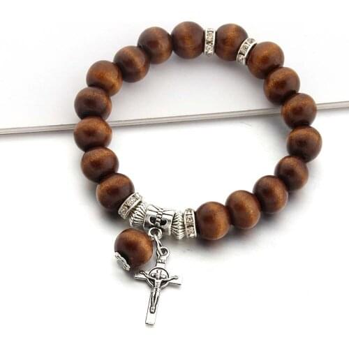 Wood Beads Metal Cross Pendant Bracelets For Women Men Fashion Lucky Jewelry Jesus Charm Yoga Bracelet Man Gift