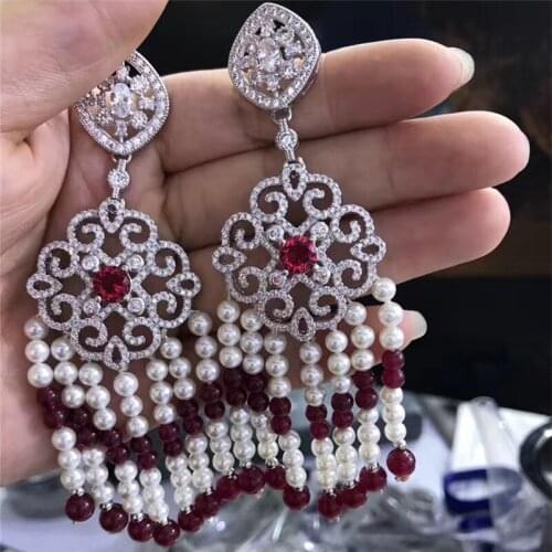 Handmade boho luxury cz zircon connector charms white pearl wine red beaded dangle tassel earrings for women wedding jewelry