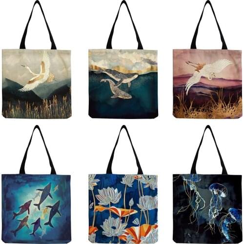 Crane Designer Tote Bag Japanese Ukiyoe Design Women Casual Handbag Eco Reusable Shopping Bag High Capacity Shoulder Bag Travel