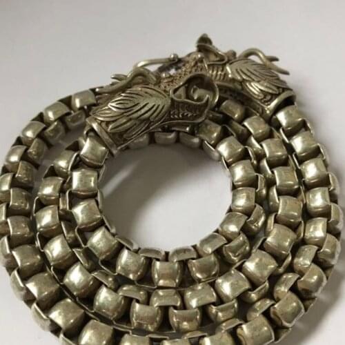 Exquisite China Old National Style Tibet Silver Handwork Loong Head Amulet Auspicious Necklace Statue /8