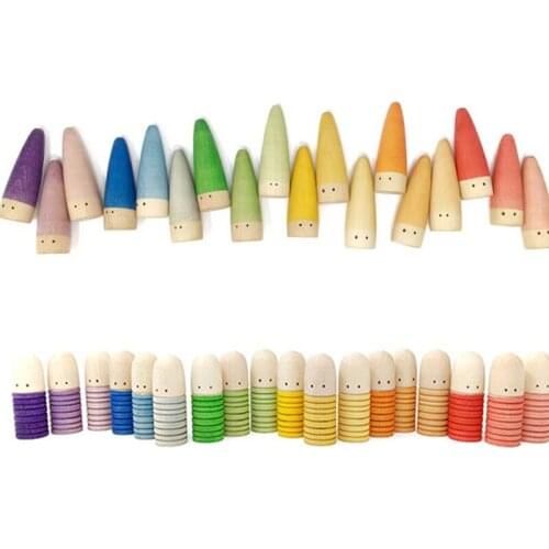 18pcs Small Eyes Wooden Rainbow Peg Dolls Loose Parts Kids Creative Toys Threaded Villain Educational Toys for Children 6.5cm