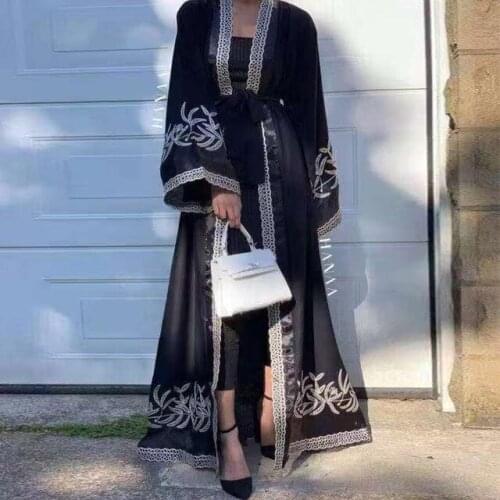 Fashion Silky opening Muslim abaya Arab female muslim robe syari full length lace embroidery muslim Dresses Ramadan abaya F1057