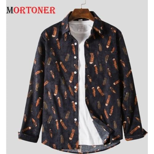MORTONER 2021 Mens Corduroy Feather Pattern Black Fashion Printed Shirt Casual Cotton Long-sleeved jackets Shirt Chemise Homme